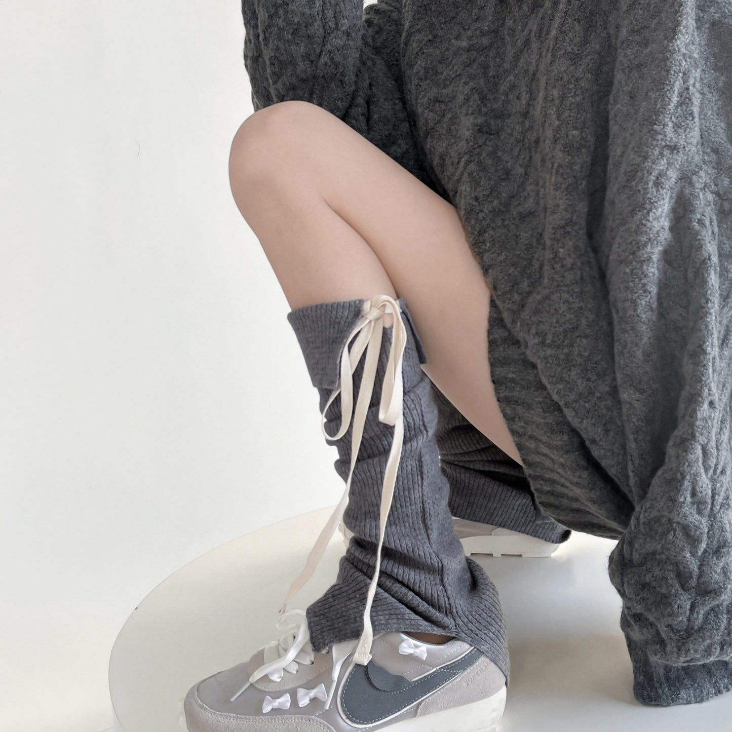 Knit Leg Warmers with Adjustable Ribbon Tie Detail Soft Stretch Texture and Slouchy Layering Fit