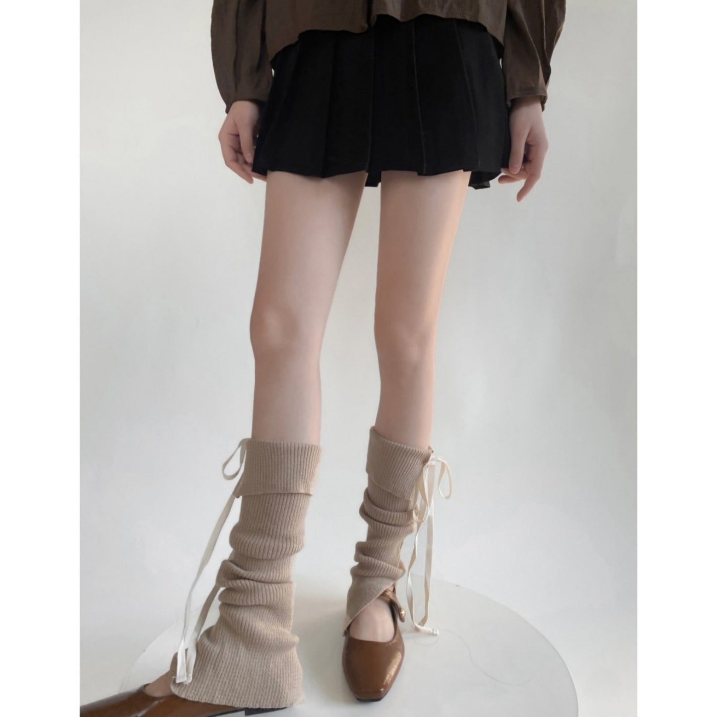 Knit Leg Warmers with Adjustable Ribbon Tie Detail Soft Stretch Texture and Slouchy Layering Fit