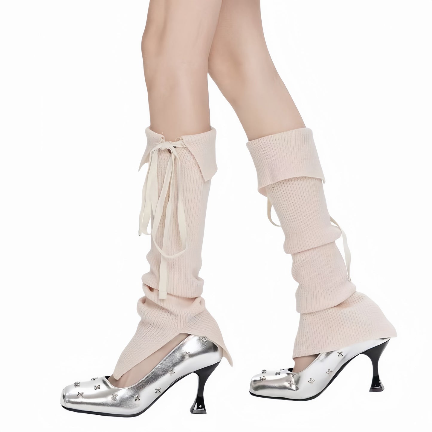 Knit Leg Warmers with Adjustable Ribbon Tie Detail Soft Stretch Texture and Slouchy Layering Fit