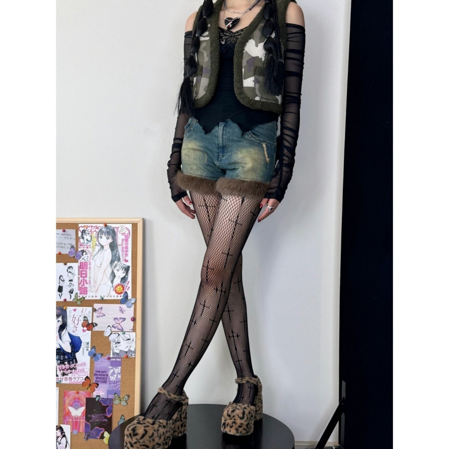 Fishnet Tights with Cross Pattern Stretch Fit Sheer Mesh Legging Style Hosiery