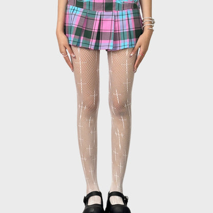 Fishnet Tights with Cross Pattern Stretch Fit Sheer Mesh Legging Style Hosiery