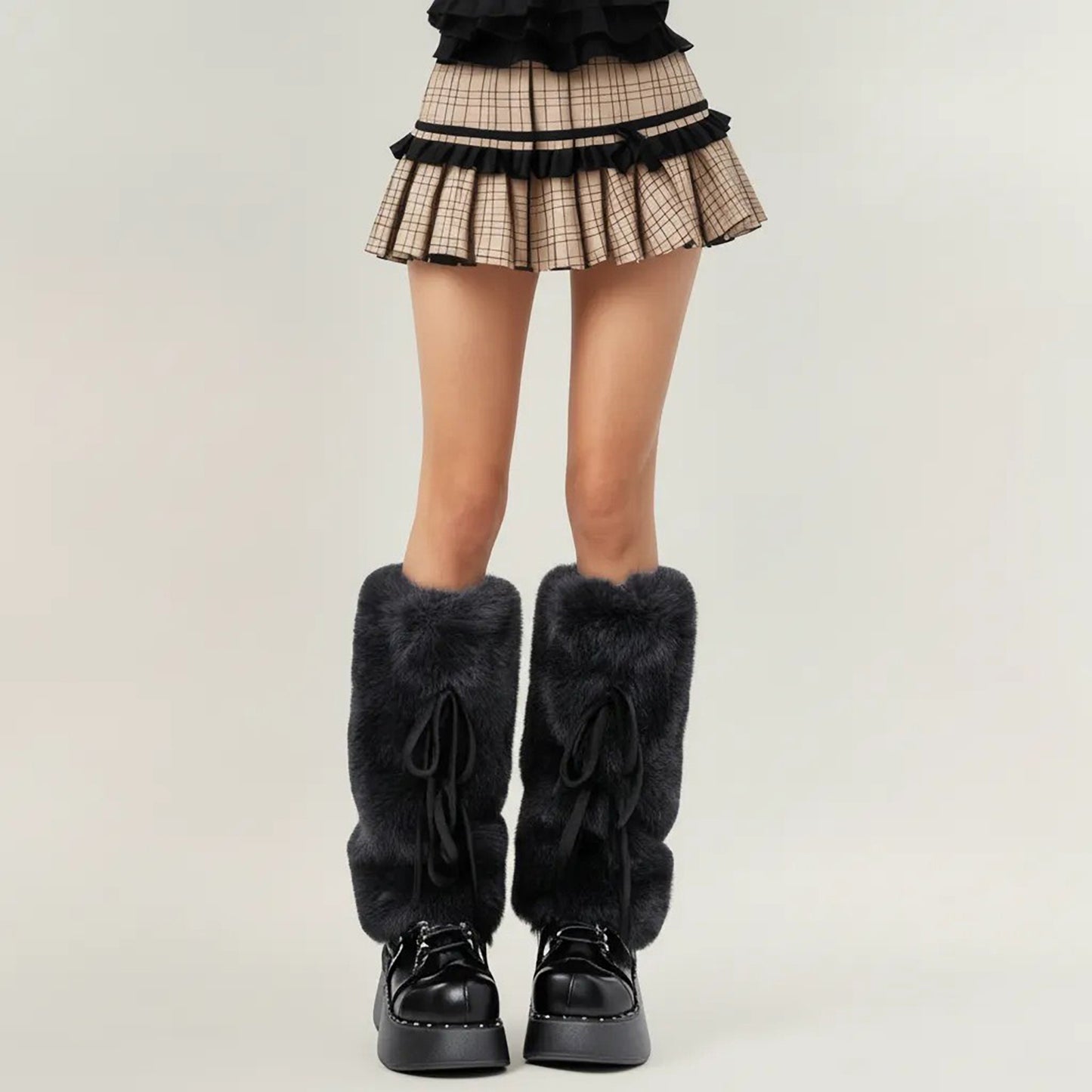 Women's Faux Fur Leg Warmers with Tie Detail Plush Winter Boot Cover Fashion Accessory