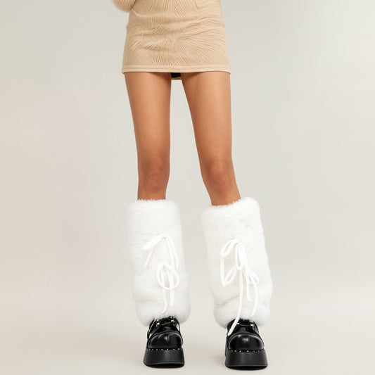 Women's Faux Fur Leg Warmers with Tie Detail Plush Winter Boot Cover Fashion Accessory