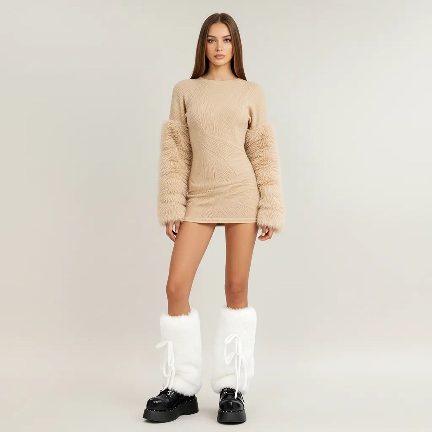Women's Faux Fur Leg Warmers with Tie Detail Plush Winter Boot Cover Fashion Accessory