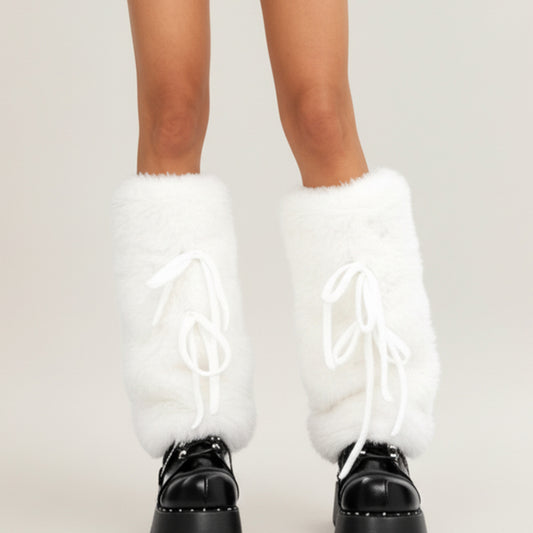 Women's Faux Fur Leg Warmers with Tie Detail Plush Winter Boot Cover Fashion Accessory