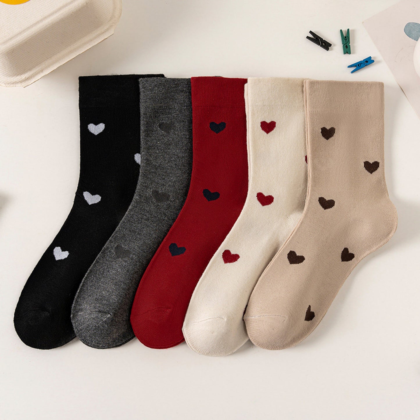5 Pair Crew Socks Heart Pattern Soft Stretch Knit Mid Calf Casual Giftable Sock Set US 5-10.5