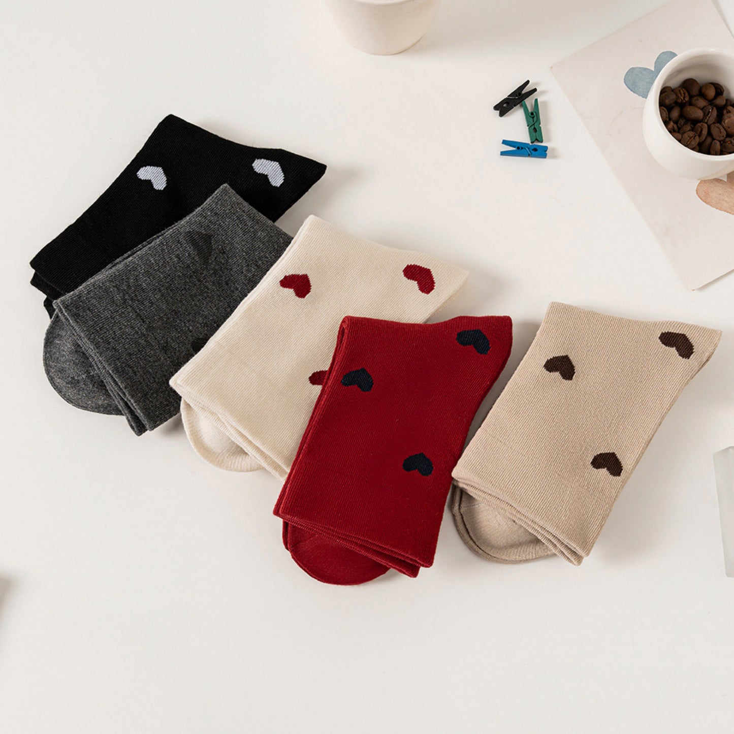 5 Pair Crew Socks Heart Pattern Soft Stretch Knit Mid Calf Casual Giftable Sock Set US 5-10.5
