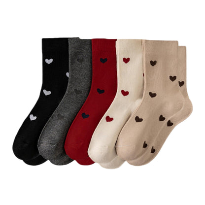 5 Pair Crew Socks Heart Pattern Soft Stretch Knit Mid Calf Casual Giftable Sock Set US 5-10.5