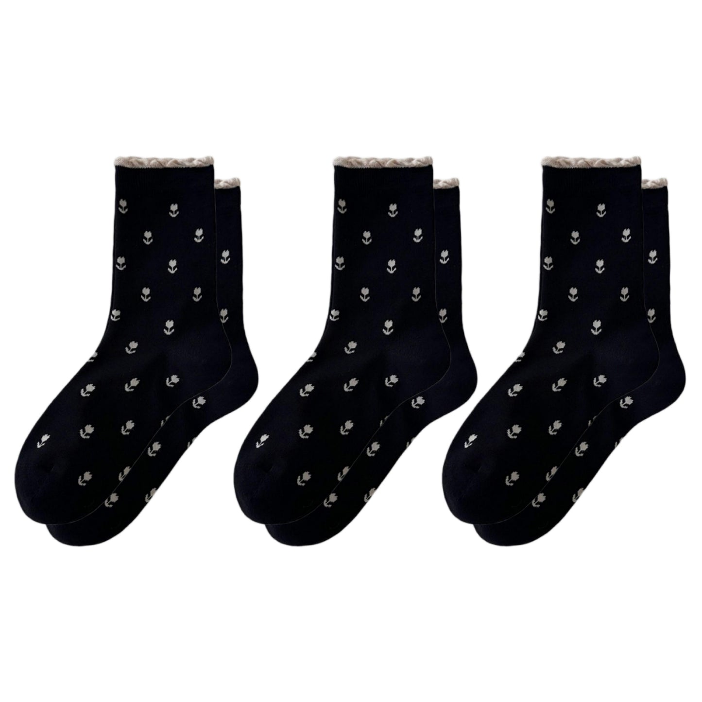 3 Pair Crew Socks Minimal Printed Design Soft Stretch Knit Mid Calf Casual Sock Set US 5-10.5