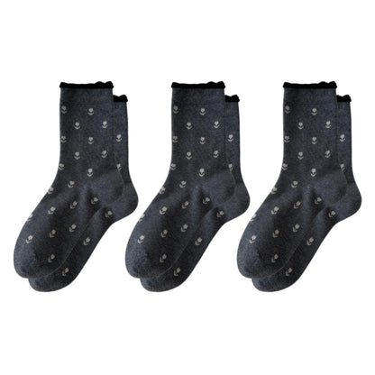 3 Pair Crew Socks Minimal Printed Design Soft Stretch Knit Mid Calf Casual Sock Set US 5-10.5