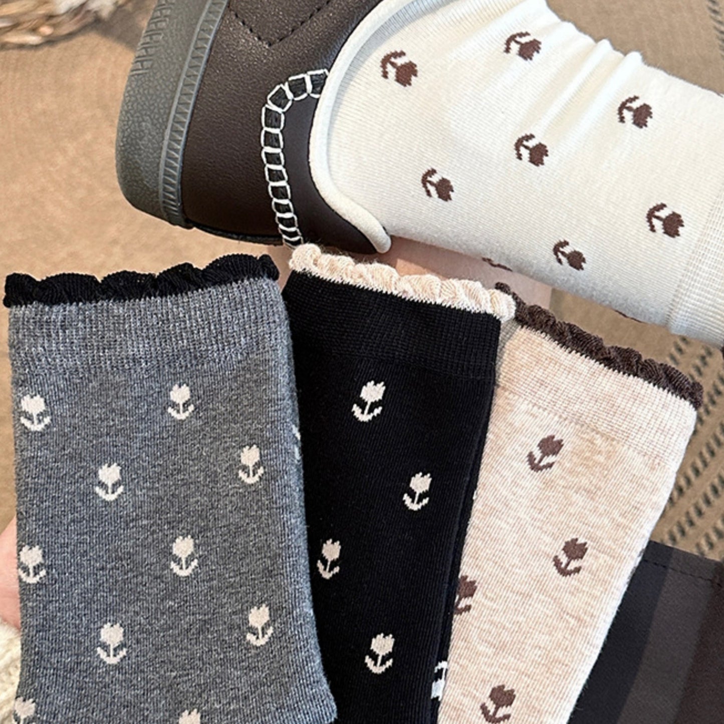 3 Pair Crew Socks Minimal Printed Design Soft Stretch Knit Mid Calf Casual Sock Set US 5-10.5