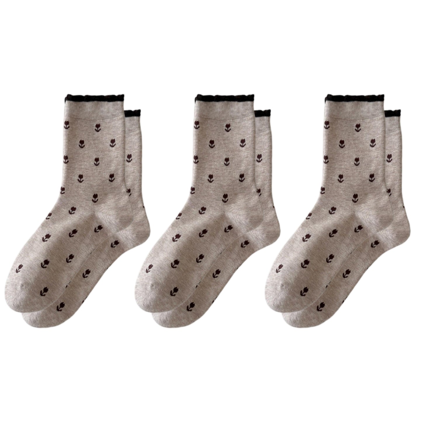 3 Pair Crew Socks Minimal Printed Design Soft Stretch Knit Mid Calf Casual Sock Set US 5-10.5