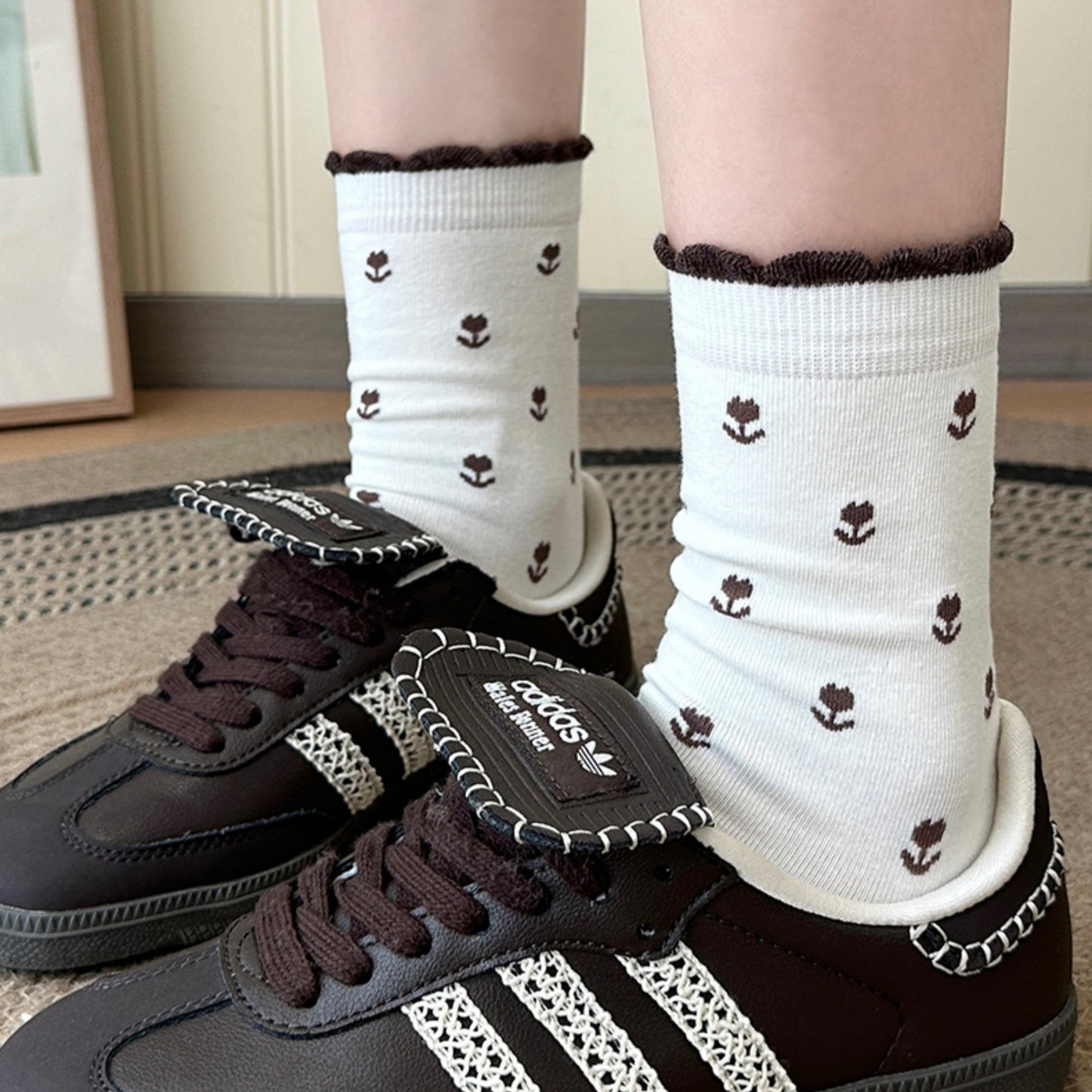 3 Pair Crew Socks Minimal Printed Design Soft Stretch Knit Mid Calf Casual Sock Set US 5-10.5