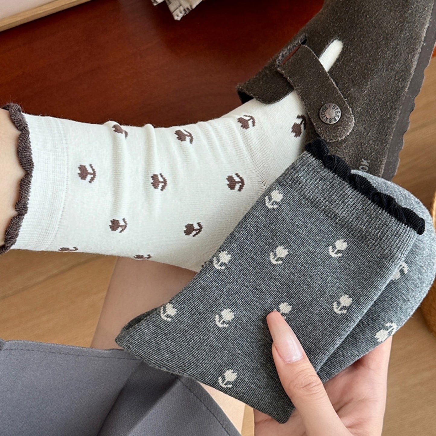 3 Pair Crew Socks Minimal Printed Design Soft Stretch Knit Mid Calf Casual Sock Set US 5-10.5
