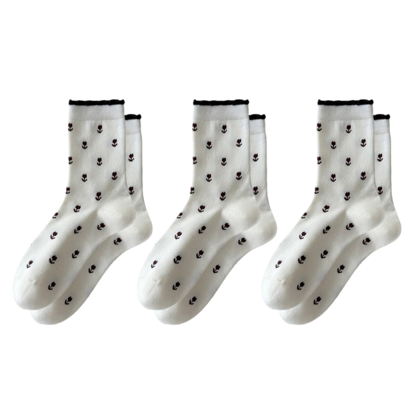 3 Pair Crew Socks Minimal Printed Design Soft Stretch Knit Mid Calf Casual Sock Set US 5-10.5