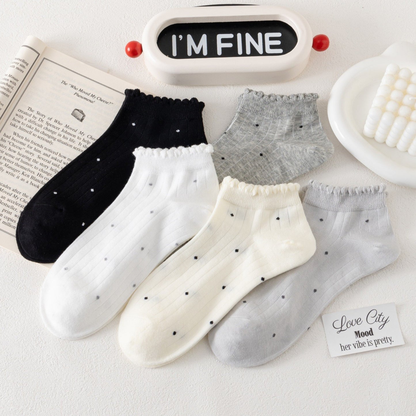 5 Pair Ankle Socks Soft Stretch Knit Ribbed Cuff Casual Giftable Sock Set US 5-10.5