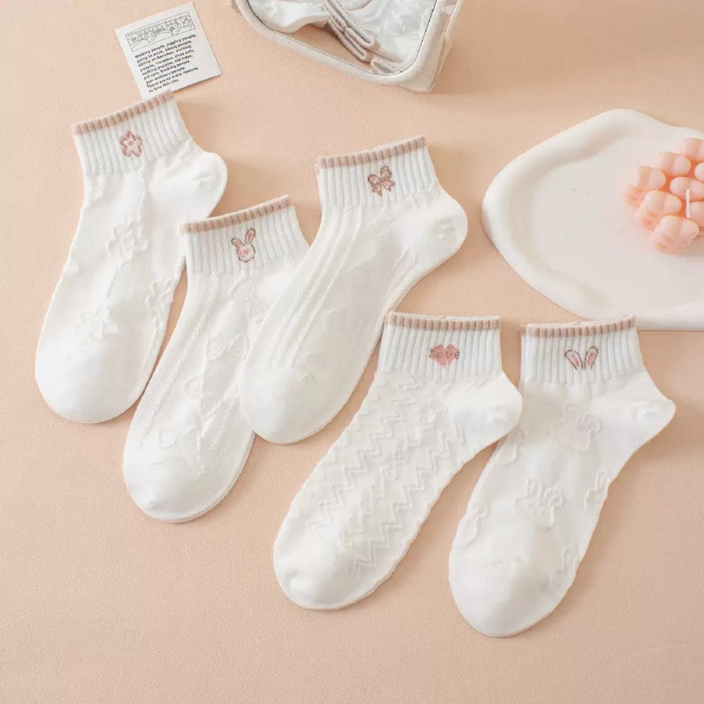 5 Pair Ankle Socks Soft Stretch Knit Ribbed Cuff Casual Giftable Sock Set US 5-10.5