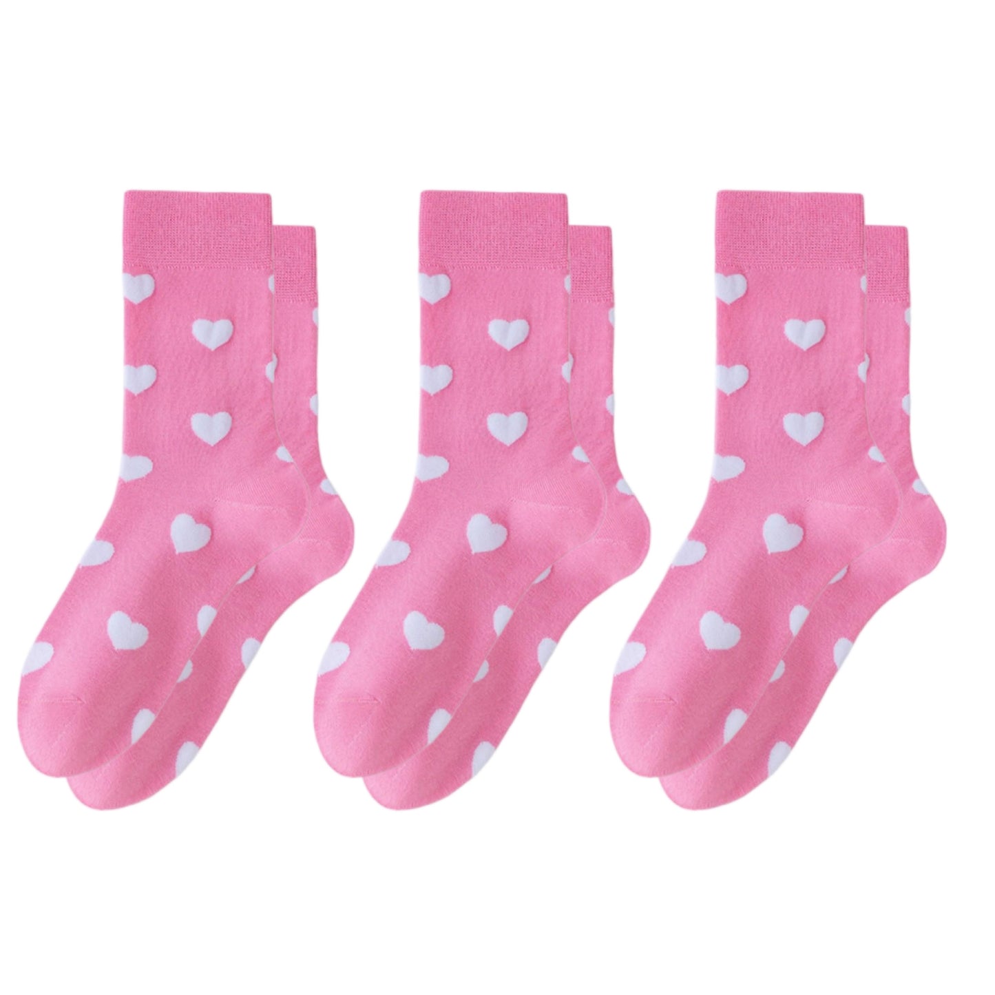 3 Pair Crew Socks Heart Pattern Soft Stretch Knit Mid Calf Length Casual Giftable Sock Set US 5-10.5