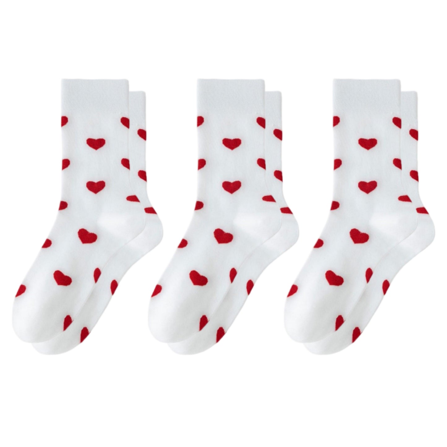 3 Pair Crew Socks Heart Pattern Soft Stretch Knit Mid Calf Length Casual Giftable Sock Set US 5-10.5