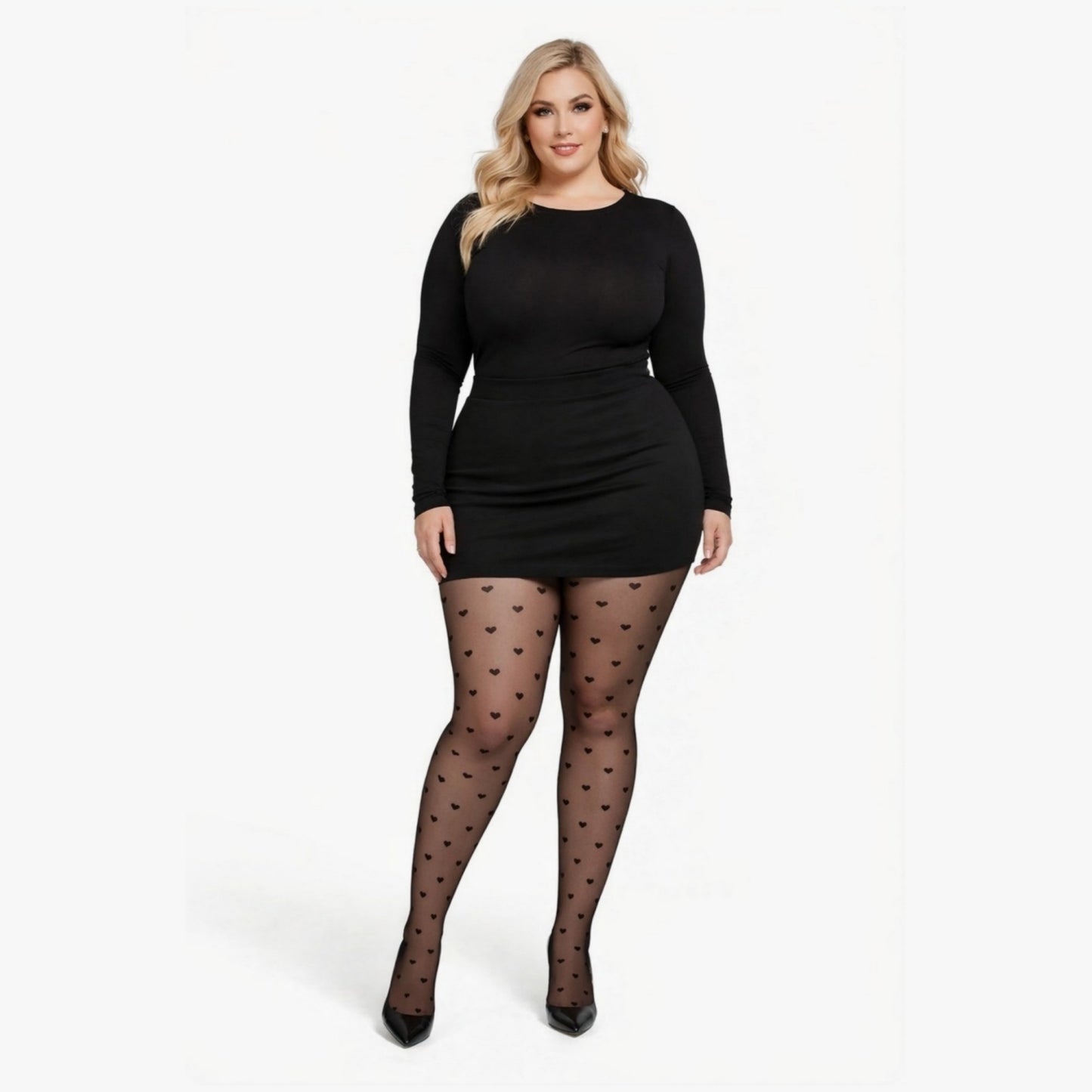 Plus Size 2-Piece Sheer Heart Pattern Stockings with Reinforced Control Top and Stretch Fit