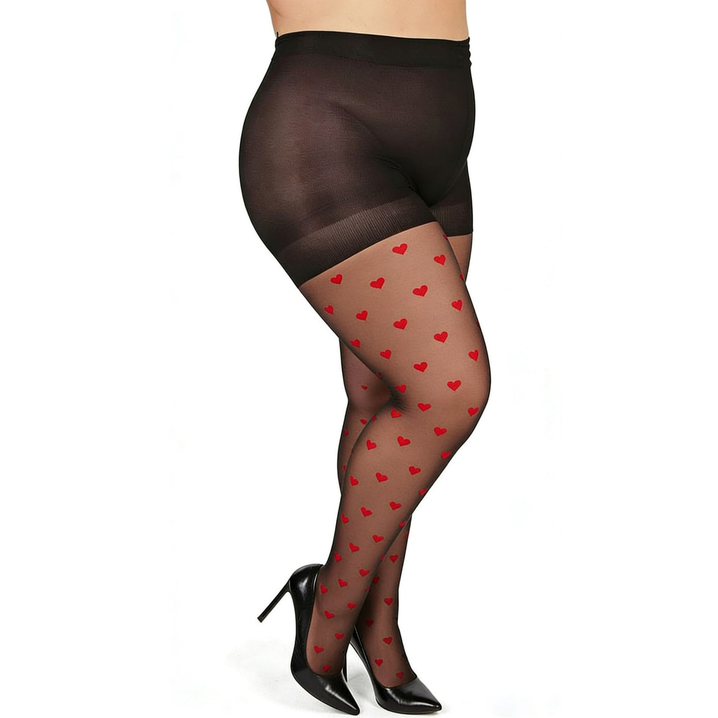 Plus Size 2-Piece Sheer Heart Pattern Stockings with Reinforced Control Top and Stretch Fit