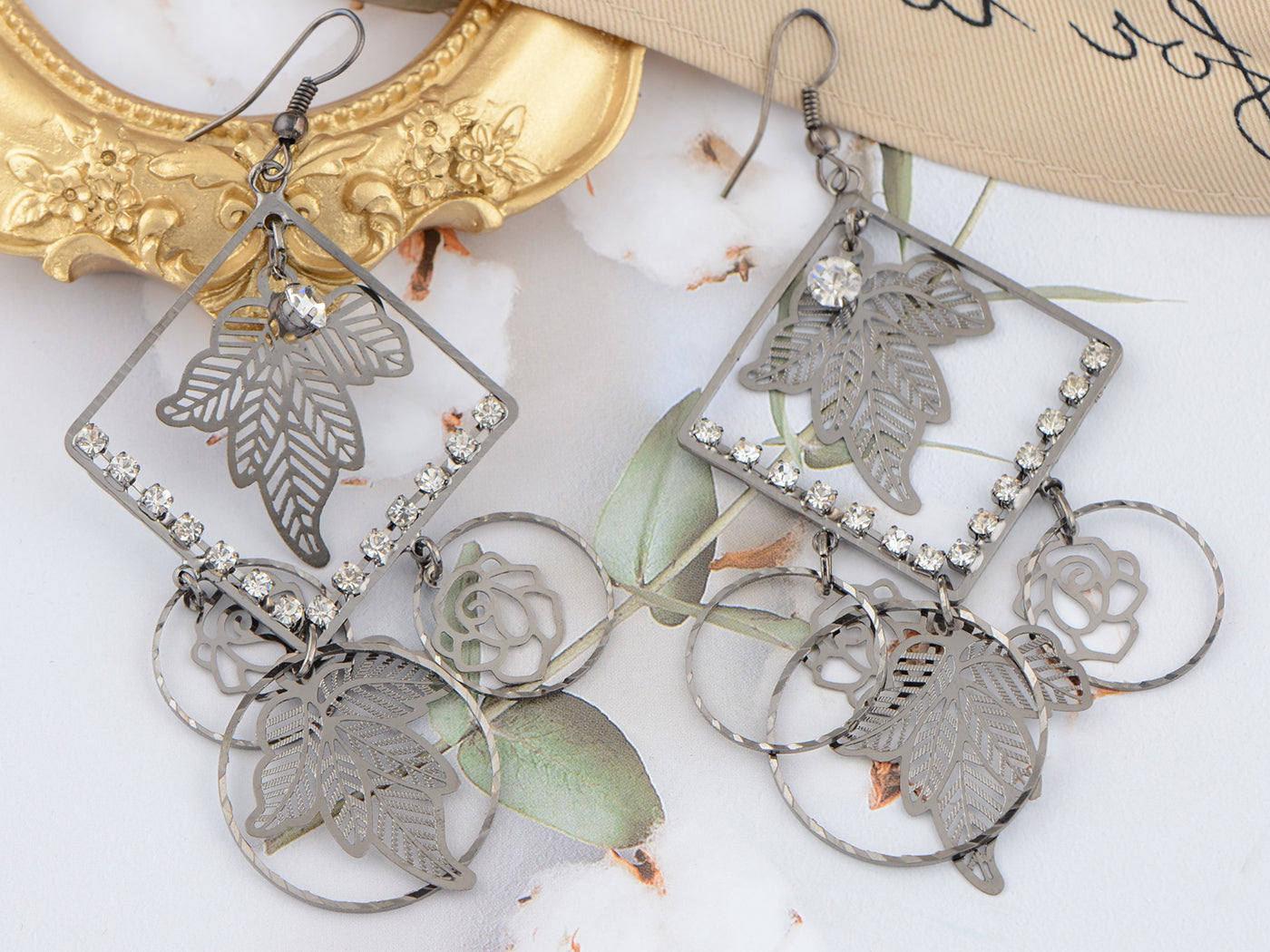 Bronze Flower And Leave Designed Dangle Earrings