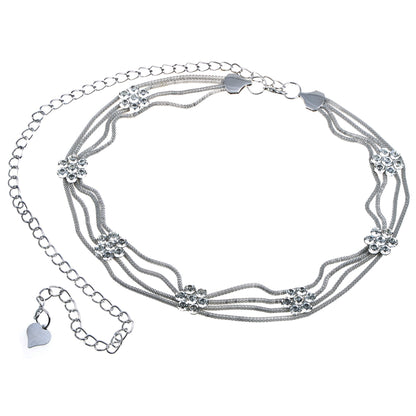Multi-Strand Waist Chain with Crystal Flower Accents and Adjustable Clasp