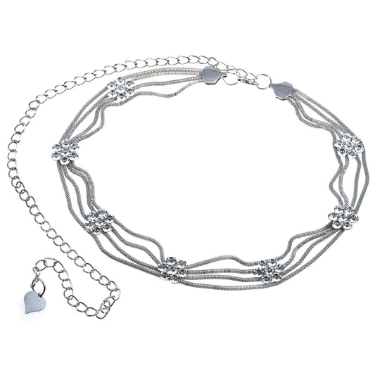 Multi-Strand Waist Chain with Crystal Flower Accents and Adjustable Clasp