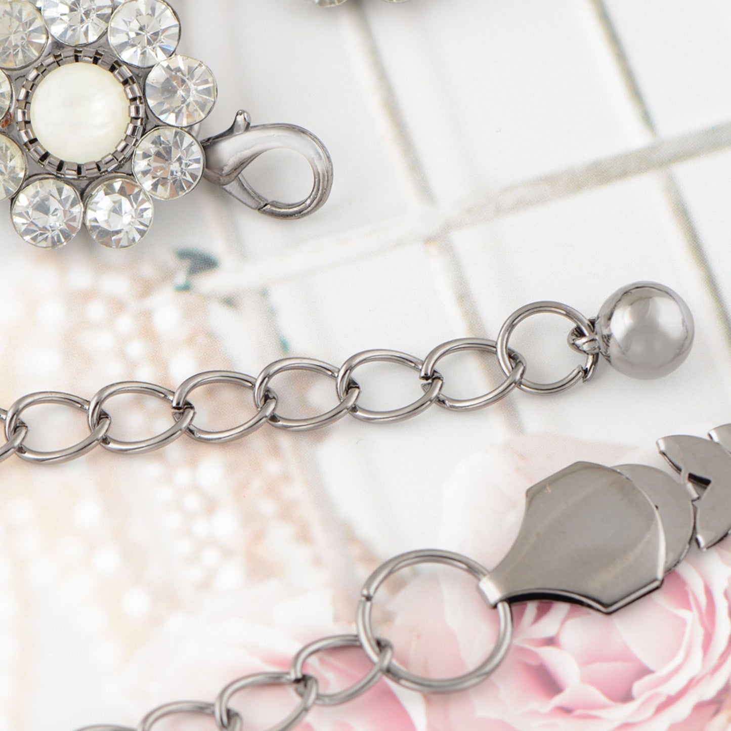 Floral Waist Chain with Chevron Link Design and Crystal Accents