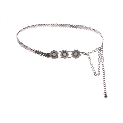 Floral Waist Chain with Chevron Link Design and Crystal Accents