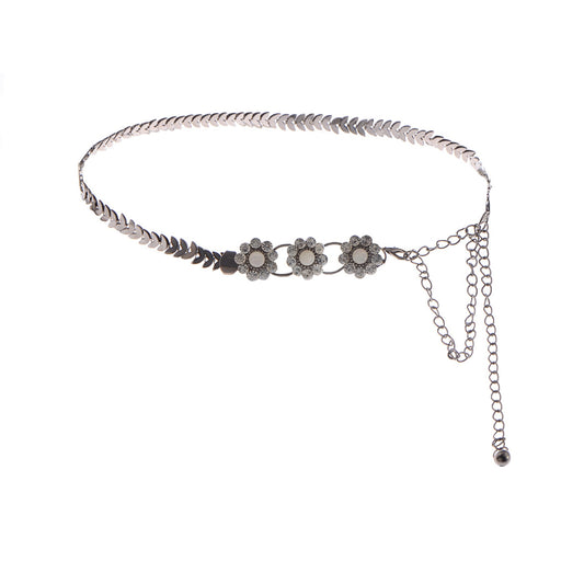 Floral Waist Chain with Chevron Link Design and Crystal Accents