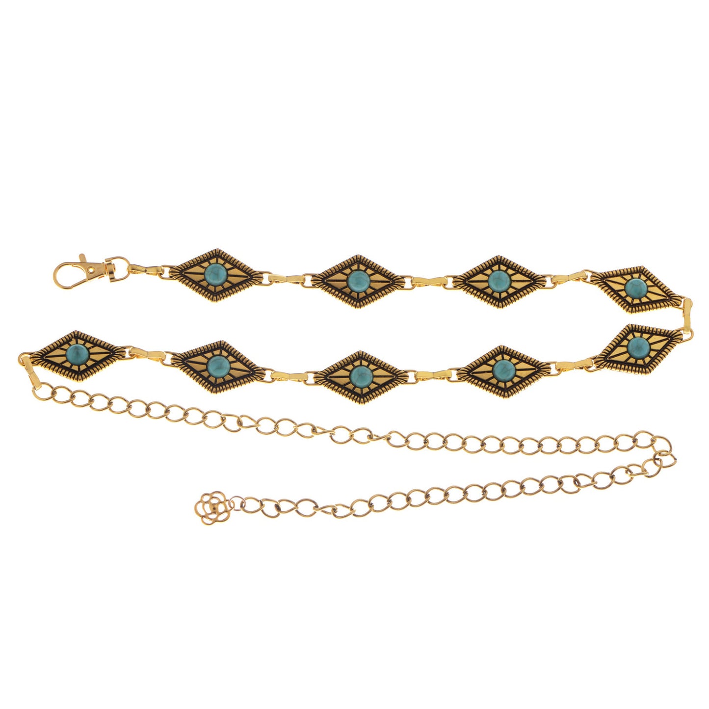 Waist Chain Belt with Diamond-Shaped Links and Turquoise Stone Accents