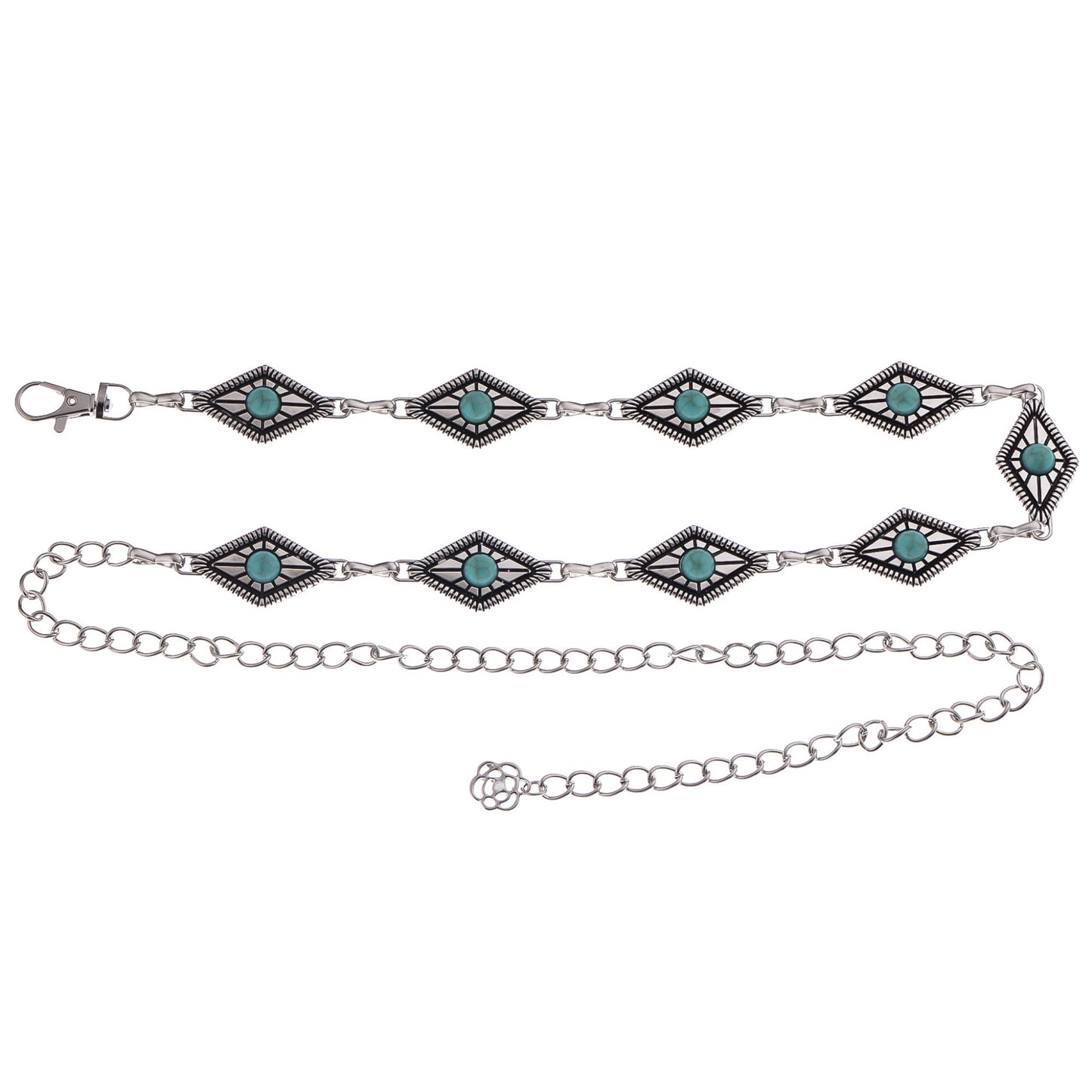 Waist Chain Belt with Diamond-Shaped Links and Turquoise Stone Accents