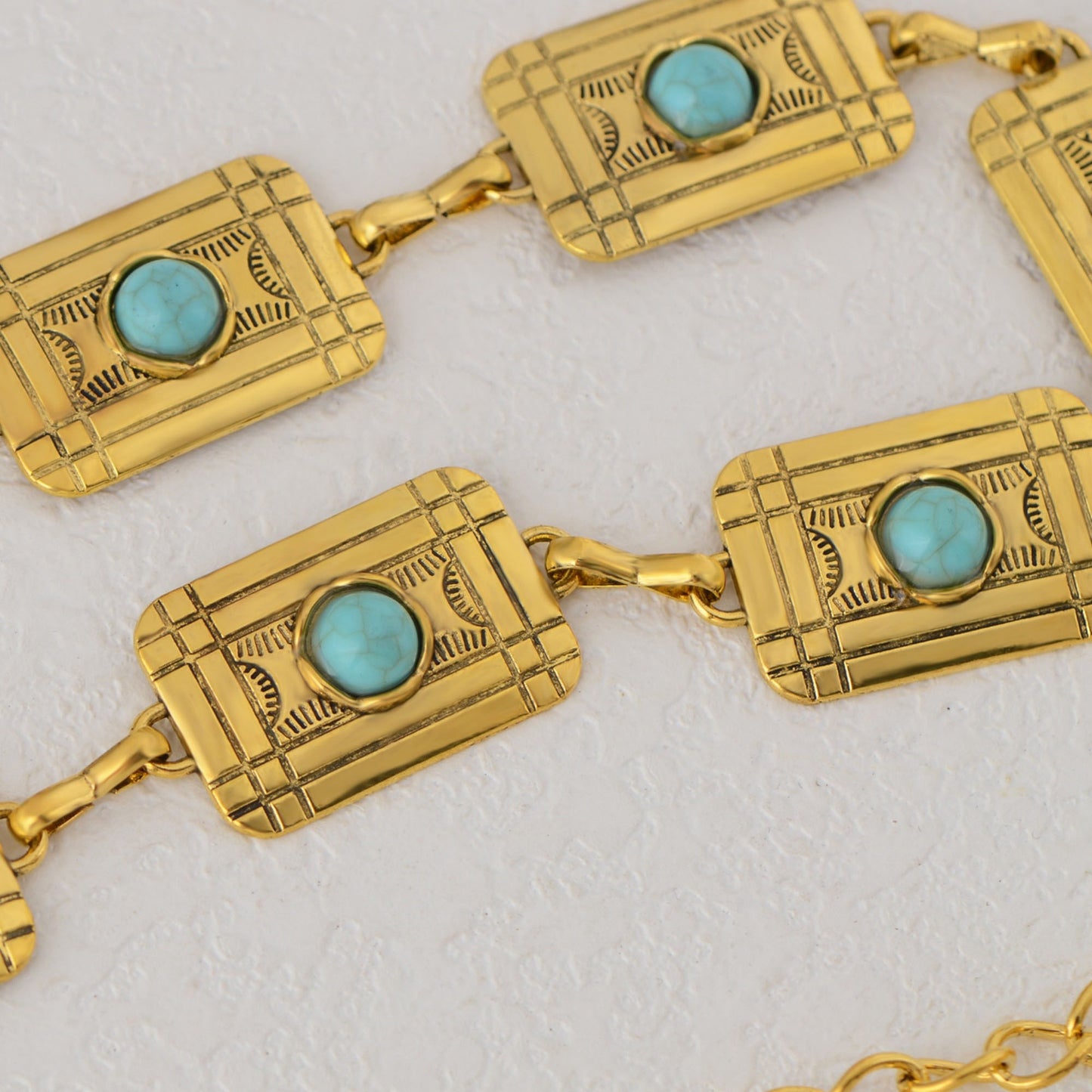 Waist Chain Belt with Rectangular Links and Turquoise Stone Accents