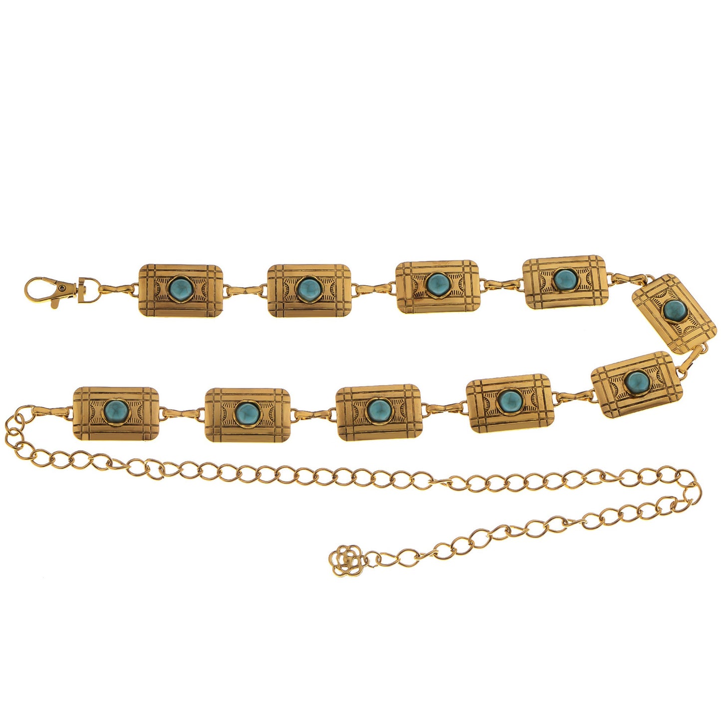Waist Chain Belt with Rectangular Links and Turquoise Stone Accents