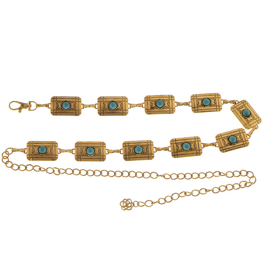 Waist Chain Belt with Rectangular Links and Turquoise Stone Accents