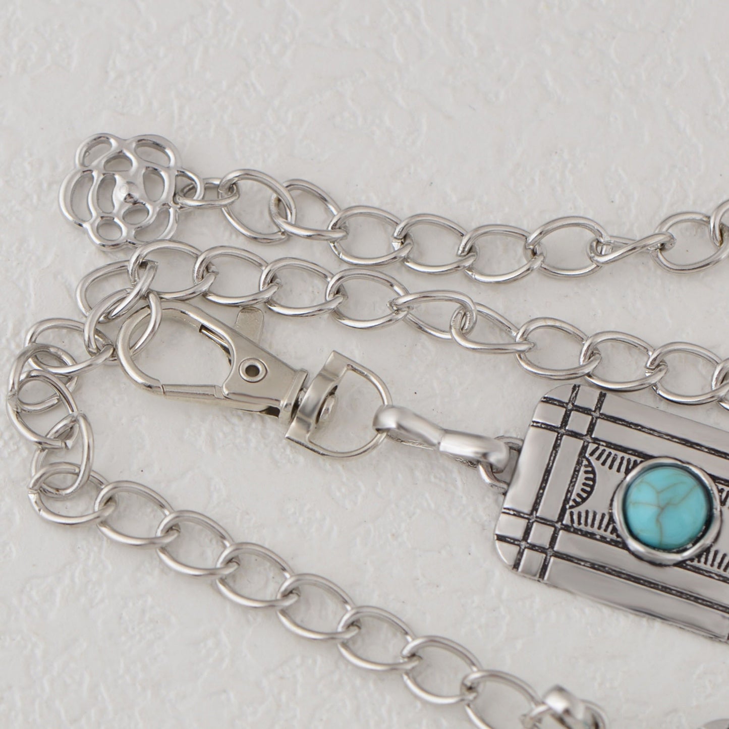 Waist Chain Belt with Rectangular Links and Turquoise Stone Accents