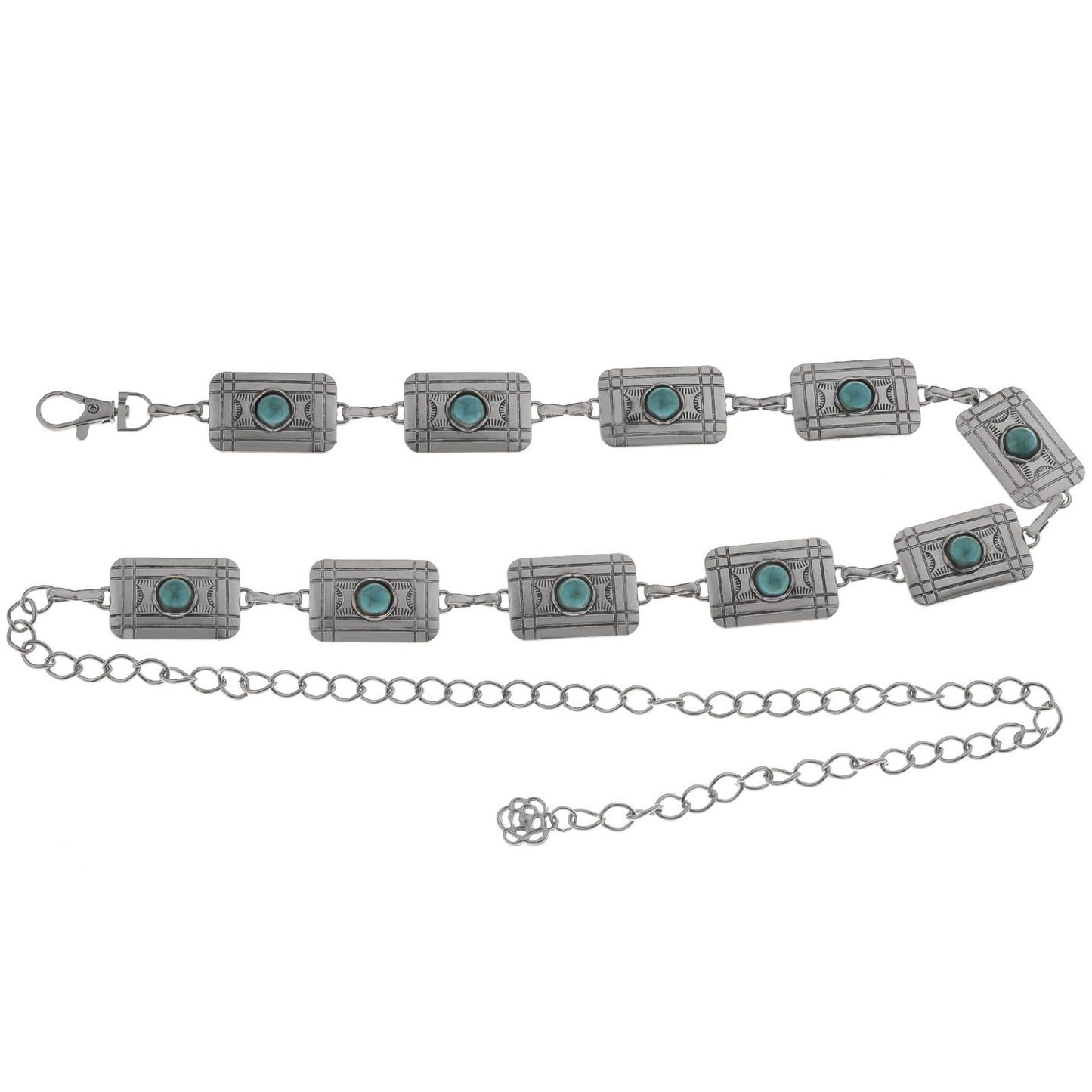 Waist Chain Belt with Rectangular Links and Turquoise Stone Accents
