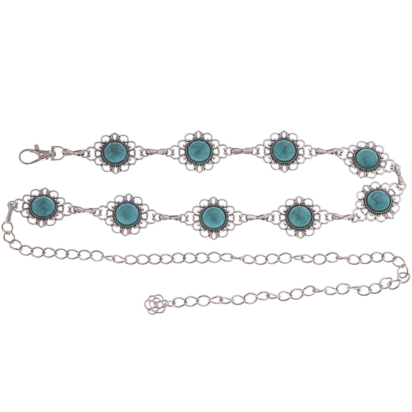 Waist Chain Belt with Floral Links and Turquoise Stone Accents