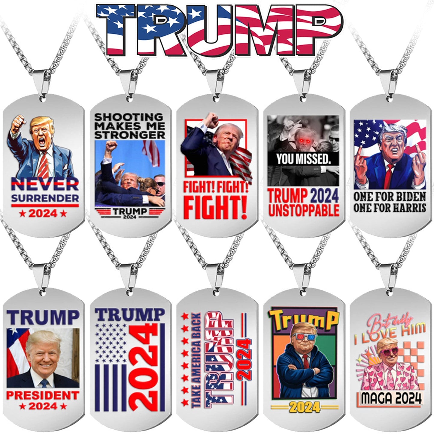 Trump 2024 Tag Necklace Shooting Makes Me Stronger Stainless Steel Chain