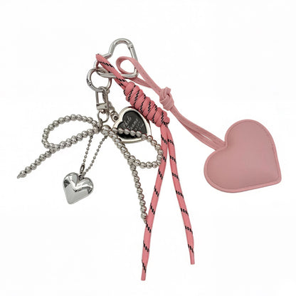 Heart Bag Charm Keychain with Beaded Bow Accent Clip and Faux Leather Heart Pendant