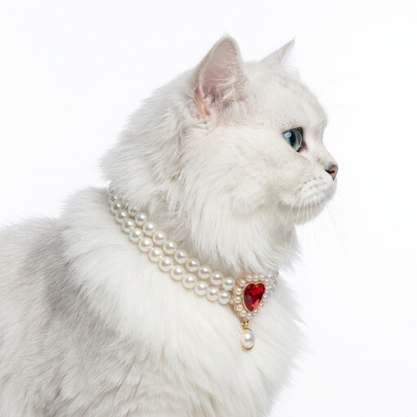 Double Strand Faux Pearl Pet Necklace Heart Gem Pendant Adjustable Collar Jewelry for Cats and Small Dogs