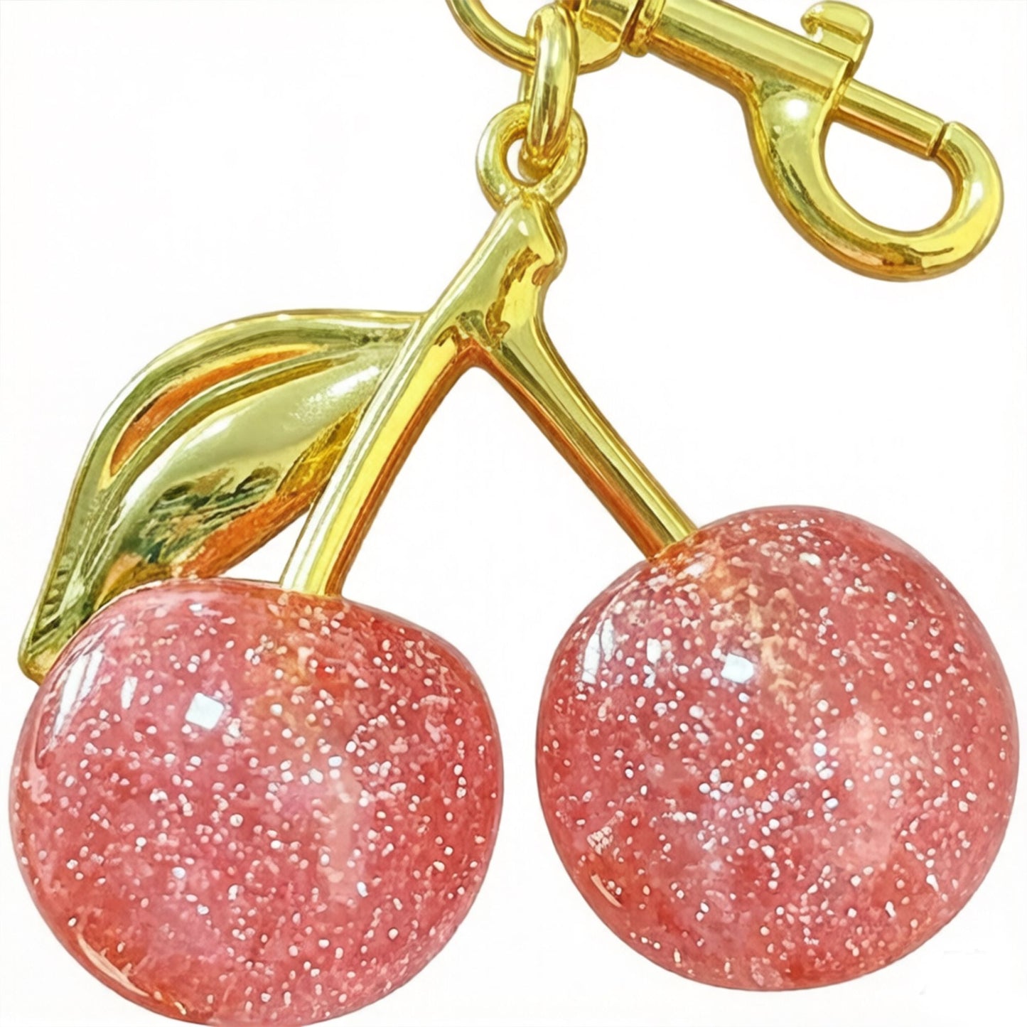 Cherry Charm Keychain with Glitter Fruit Pendant Gold Tone Clip and Key Ring Bag Accessory