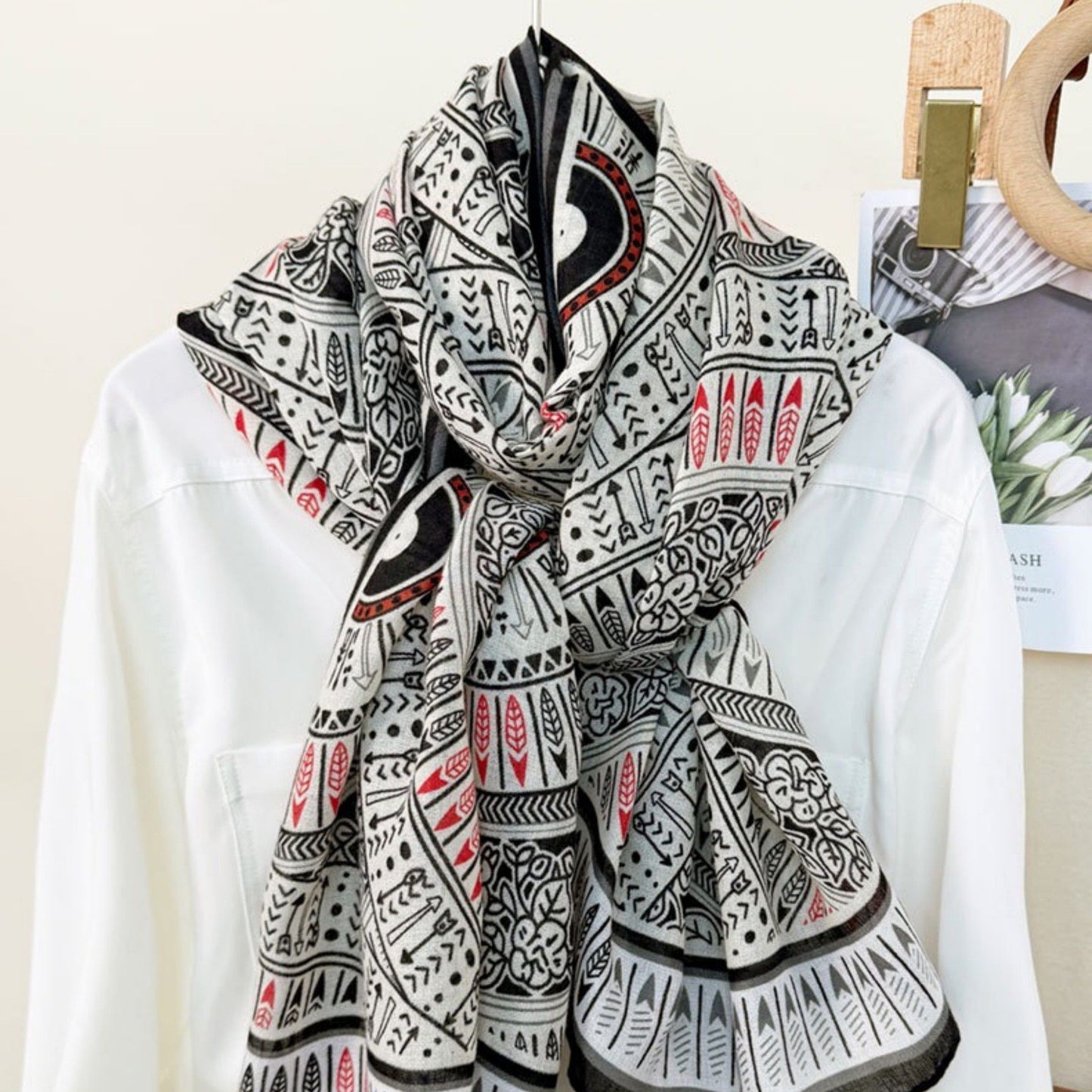 Lightweight Printed Scarf with Intricate Circular Pattern and Soft Draping Design for Stylish Everyday Layering 33.5x71in