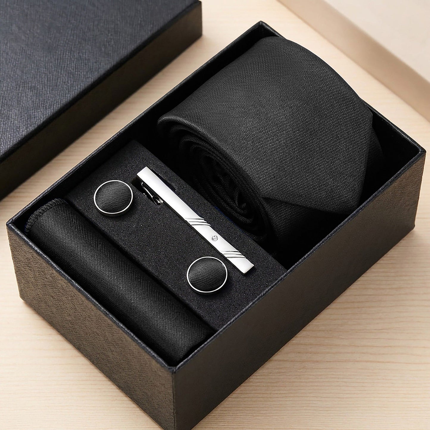 Men's Solid Textured Tie Gift Set Necktie Pocket Square Cufflinks Tie Clip Formal Accessory Set