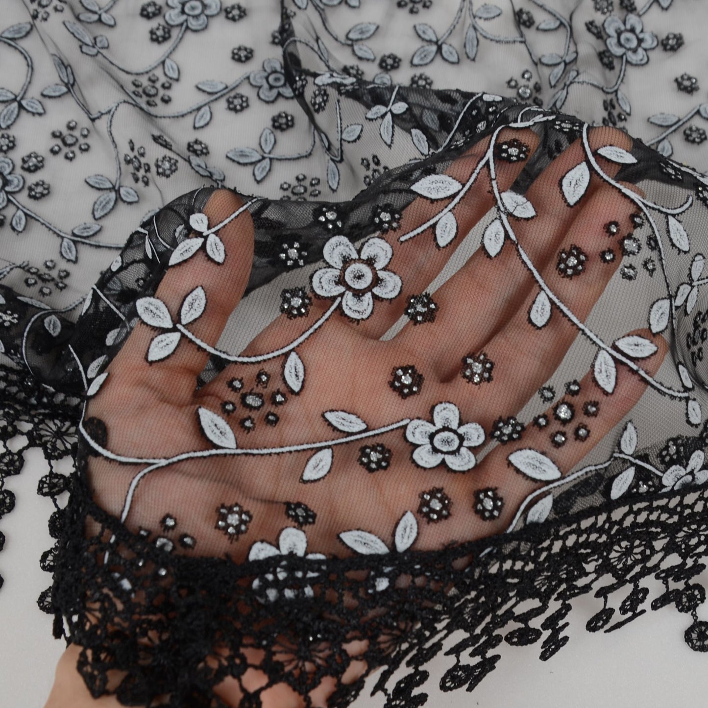 Lightweight Lace Floral Head Scarf Fringe Triangular Shawl