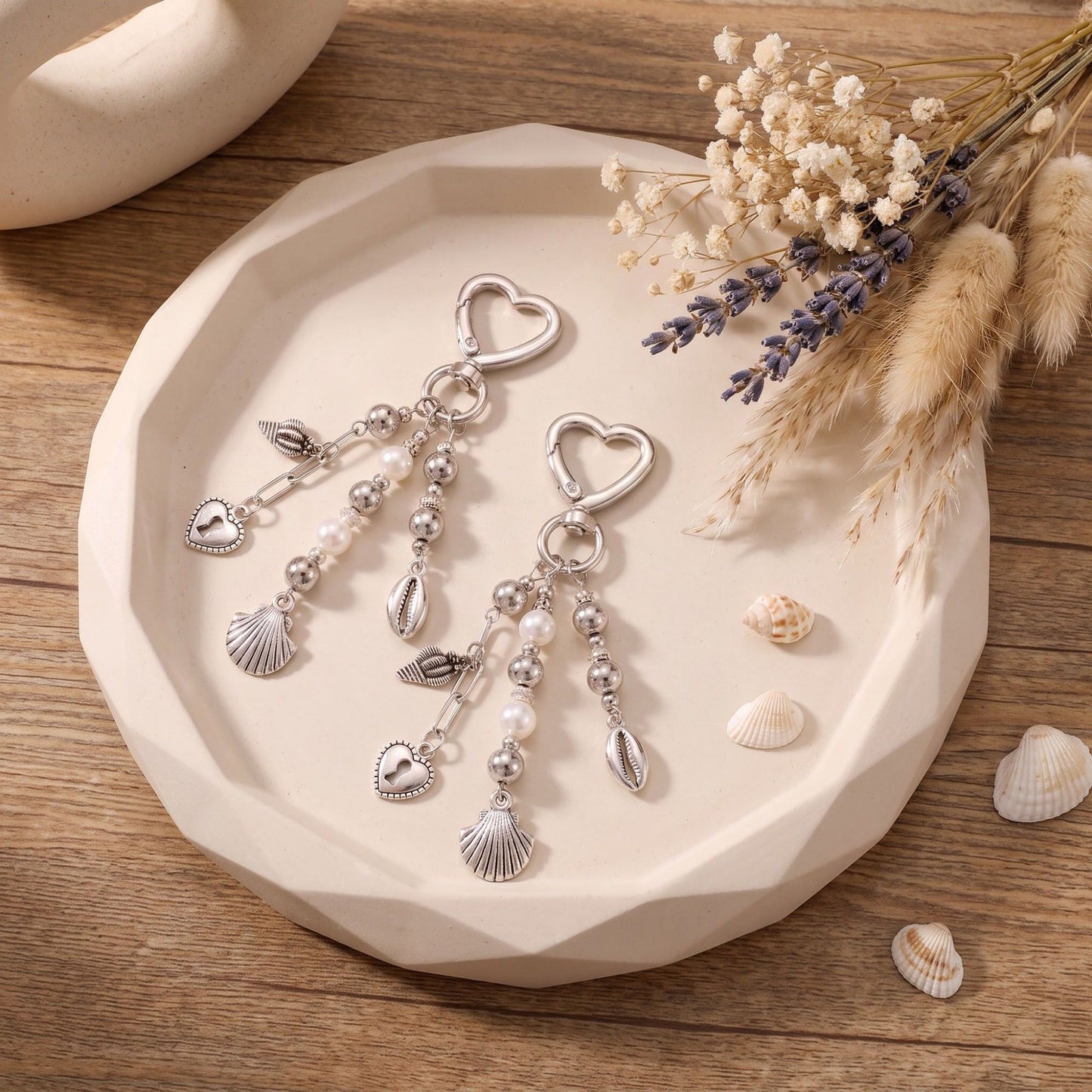 Seashell & Pearl Heart Clasp Bag Charm Key Chain 2 Pair