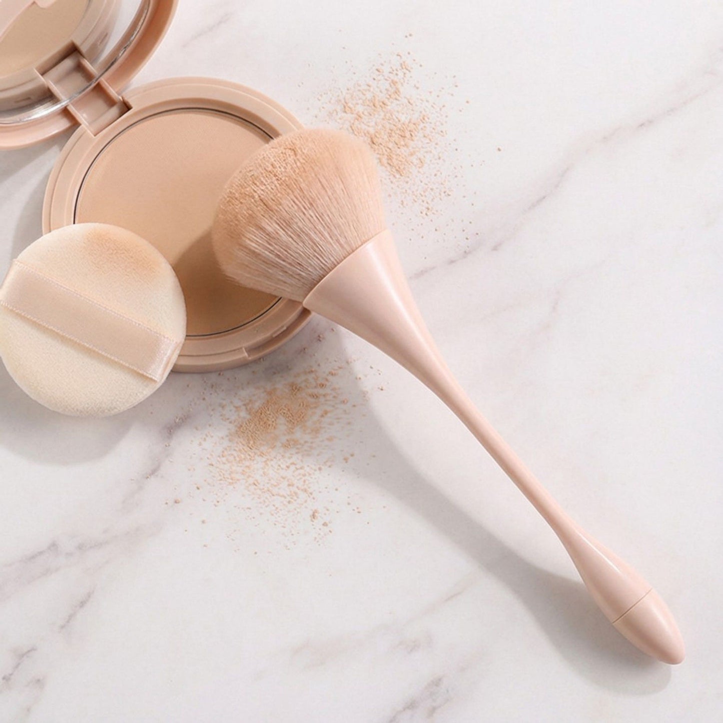 2 Piece Powder Makeup Brush Set with Soft Synthetic Bristles and Metallic Handle for Face Makeup