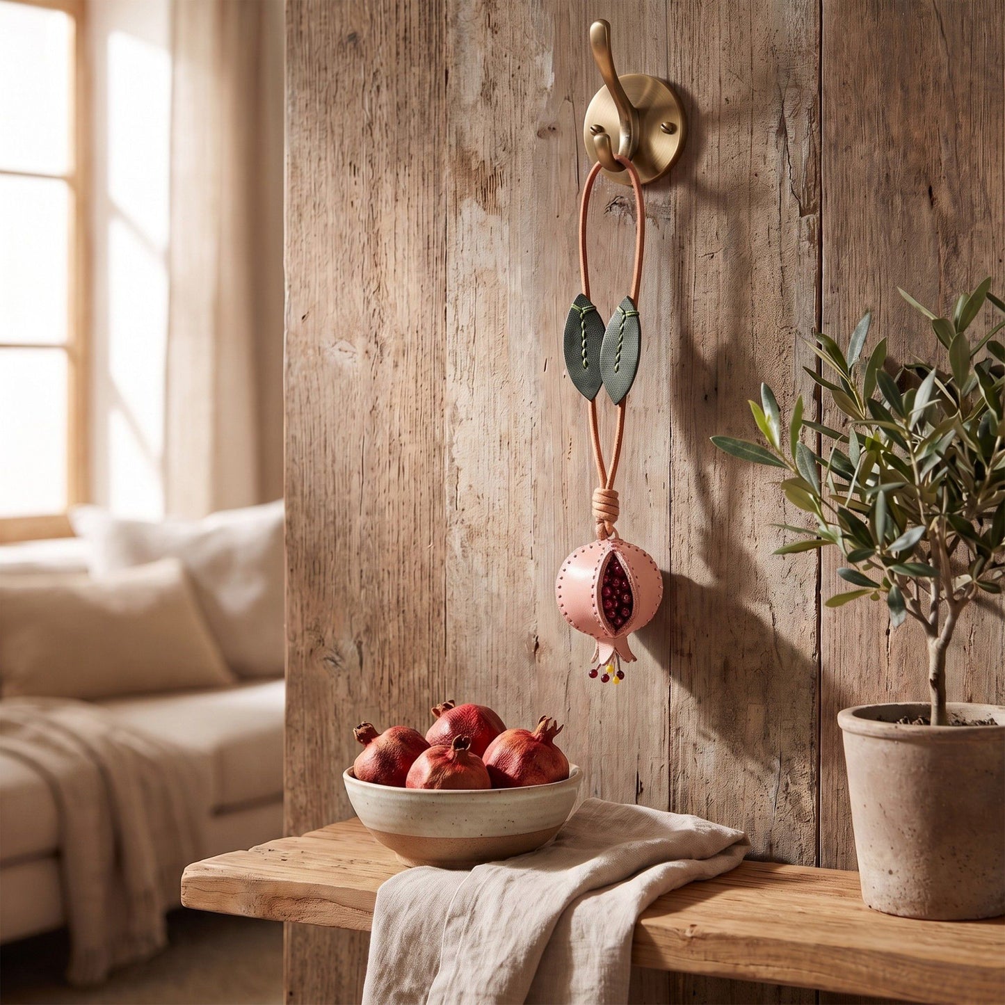 Pomegranate Bag Charm with Leaf Details and Loop Strap