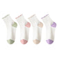 4 Pairs Mid-Crew Ruffle Trim Socks with Contrast Toe Heel and Cat Embroidery Design